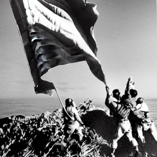 Prompt: roddy piper raising the flag on iwo jima, high detailed, intense, 8 k, photograph