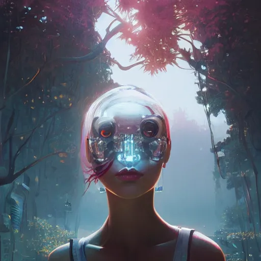 Image similar to highly detailed portrait of a woman with robot face in gta v, stephen bliss, unreal engine, fantasy art by greg rutkowski, loish, rhads, ferdinand knab, makoto shinkai and lois van baarle, ilya kuvshinov, rossdraws, tom bagshaw, global illumination, radiant light, detailed and intricate environment