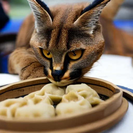 Image similar to Caracal cat eats dumplings