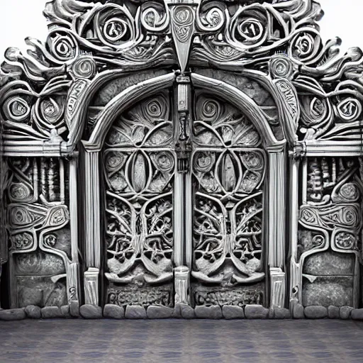 Image similar to ancient fantasy marble gate, neonpunk, mega structure, symmetric, intricate details