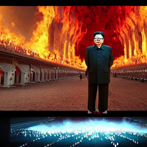 Image similar to full body pose, hyper - realistic photo of kim jong - il on parade in hell volumetric lighting, 8 k, octane perfectly detailed rendering, extremely hyper detailed, intricate, epic composition, cinematic lighting, masterpiece, trending artstation, very highly detailed, stunning, hdr, smooth, sharp focus, high resolution, award winning photo, dslr, 5 0 mm