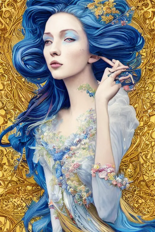 Image similar to breathtaking detailed painting by pilyeon and teffish on artstation, a full shot queen with long flowing bright blue hair, gauze dress and pastel flowers petals and golden tumultuous clouds, symmetrical facial features, at dawn in front of a pristine golden art nouveau cathedral, elegant, highly detailed, artstation, concept art, matte, sharp focus,