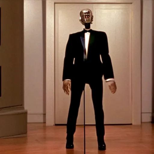 Prompt: Emmanuel Macron robot in American Psycho (1999)