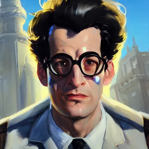 Image similar to greg manchess portrait painting of armored dr. egon spengler as overwatch character, medium shot, asymmetrical, profile picture, organic painting, sunny day, matte painting, bold shapes, hard edges, street art, trending on artstation, by huang guangjian and gil elvgren and sachin teng