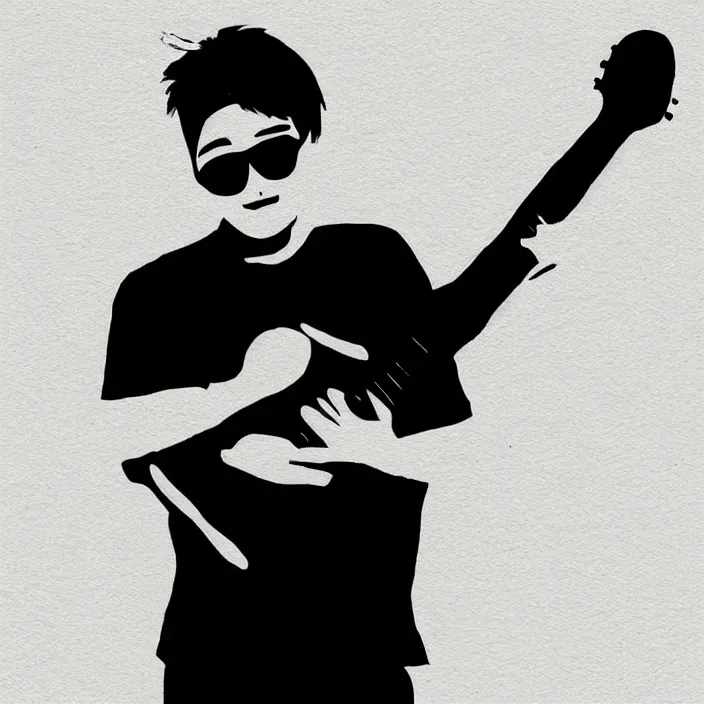 Image similar to minimal brush painting of a young korean man wearing black t shirt holding a telecaster electric guitar!!, dark background, huge dramatic brush strokes, matte colors, abstract, masterpiece, trending on artstation