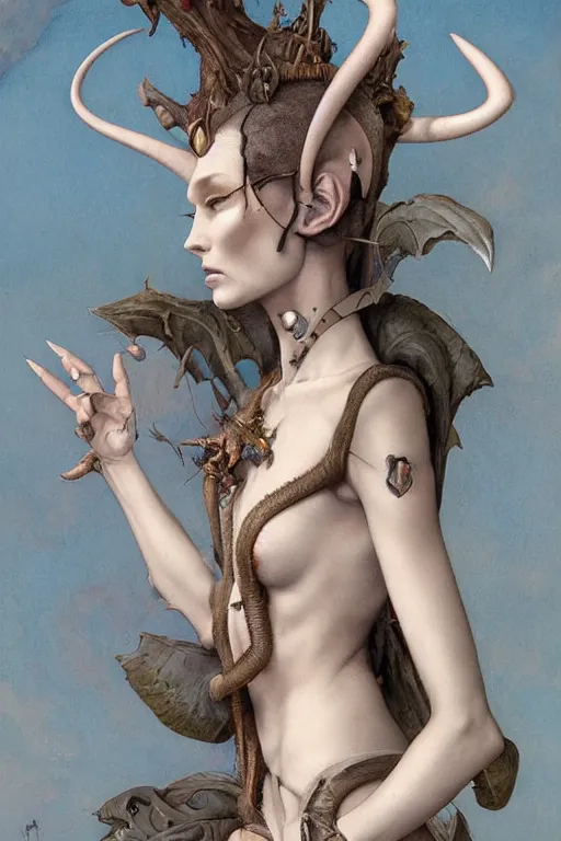 Image similar to a fashion editorial of a shaved tiefling alien with scaled skin meditating. she is wearing a tactical suit and has many body modifications. by tom bagshaw, donato giancola, hans holbein, walton ford, gaston bussiere, brian froud, peter mohrbacher and magali villeneuve. 8 k, fashion editorial, cgsociety