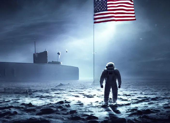 Image similar to astronaut holding a flag in an underwater desert. a submarine is visible in the distance. dark, concept art, cinematic, dramatic, atmospheric, 8 k, trending on artstation, blue, fish, low visibility, fog, ocean floor, christopher nolan, interstellar