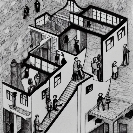 Prompt: a m. c. escher style drawing of fomo
