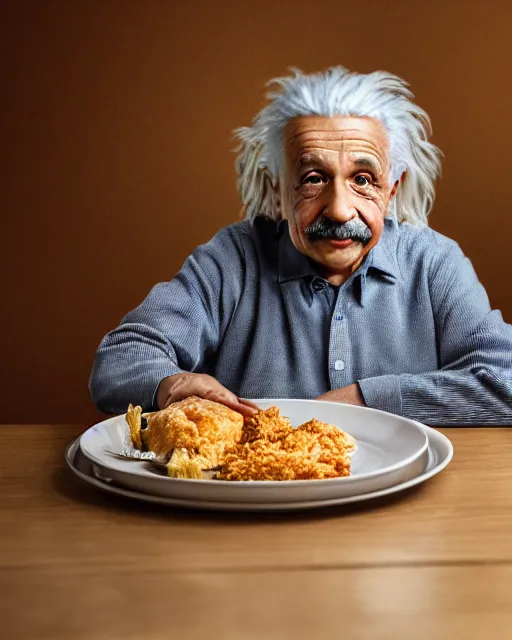 Prompt: a portrait of albert einstein sitting at the dining table with a plate containing kfc chicken in front of him, highly detailed, trending on artstation, bokeh, 9 0 mm, f / 1. 4