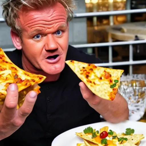 Prompt: Gordon Ramsey reacting to very very extremely delicious nachos expertly arranged and presented