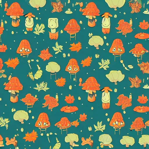 Image similar to repeating pattern of illustrations of cute frogs and mushrooms, woodland autumnal aesthetic, in the style of moebius and studio ghibli