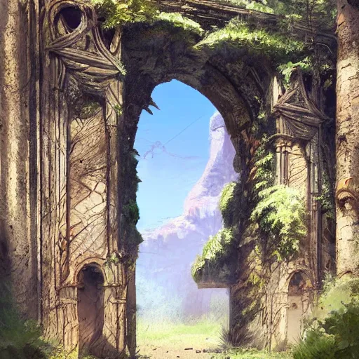 Image similar to concept art painting of an ornate ancient stone archway, in the woods, realistic, detailed, cel shaded, in the style of makoto shinkai and greg rutkowski and james gurney