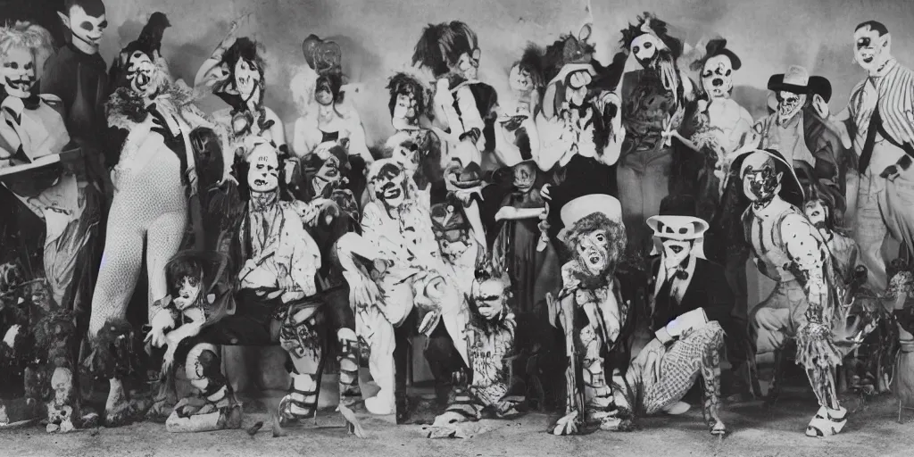 Prompt: creepy circus, 2 0 s, scary clowns, vintage photo. hyper detail. 8 k