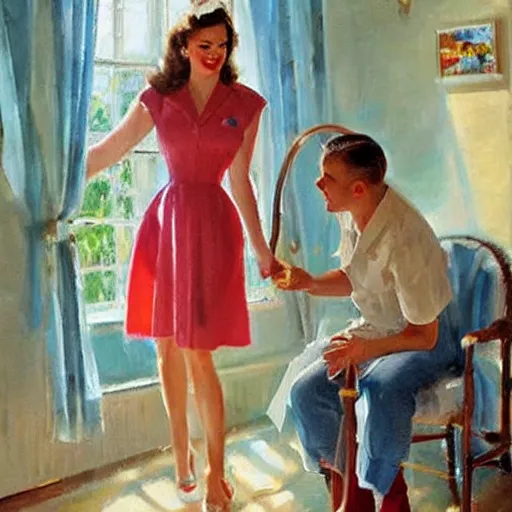 Prompt: 1950s Americana, domestic scene, family, romantic, inviting, cozy, painting Vladimir Volegov