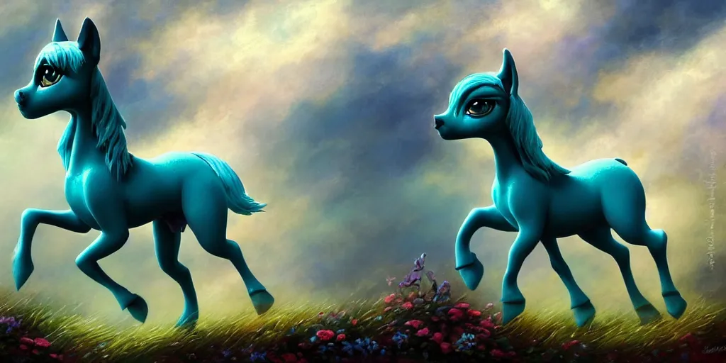 Prompt: 3 d littlest pet shop horse, gothic antique theme, teal, shadow, clouds, dullahan, celtic, intricate, master painter and art style of noel coypel, art of emile eisman - semenowsky, art of edouard bisson