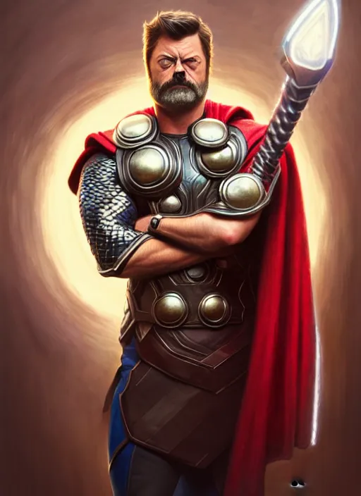 Image similar to portrait of nick offerman as thor, eyepatch, muscular, fantasy, intricate, elegant, highly detailed, digital painting, artstation, concept art, smooth, sharp focus, illustration, art by artgerm and greg rutkowski and alphonse mucha