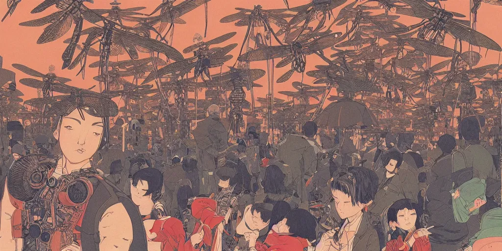 Image similar to gigantic dragonflies with human faces catch tiny robots, a lot of exotic mechas robots around, human heads everywhere, risograph by kawase hasui, satoshi kon and moebius, 2 d gouache illustration, omnious, intricate, a lot of tiny details, fullshot