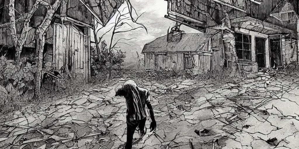 Prompt: beautiful tense illustration of an apocalyptic scene, a man sneaking through an abandoned rural modern village, stephen king atmosphere, 1 9 8 0 s japanese illustrator art, award winning