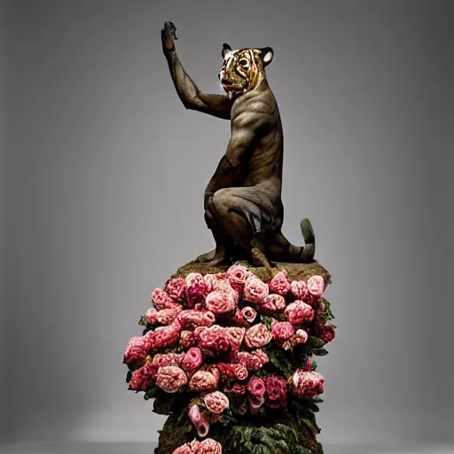 Image similar to a statue of a tiger [ made of [ roses ]!! ], [ 4 k photorealism ]!!, shot by jimmy nelson, irving penn, peter kemp, hans bellmer, and slim aarons