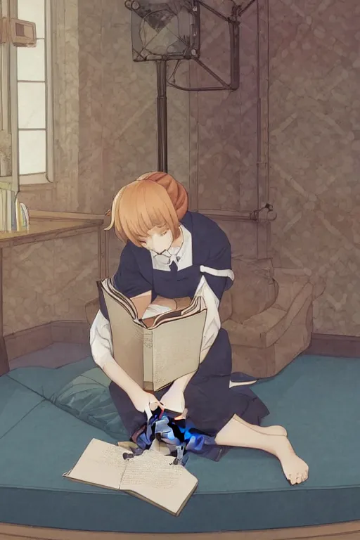 Prompt: a digital painting of a girl reading a book with a cat in A comfortable study room at night,jk uniform ,Hairdryer,blue theme,geometric shapes,S line,hard edges, by mucha and krenz cushart and range murata