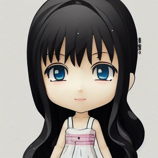 Image similar to beautiful water color concept art of face detailing cute nendoroid girl in the style of japanese animation , toon rendering, close-up, flat, lacking in three-dimensionality