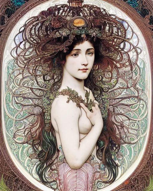 Image similar to portrait of a beatiful young goddess with intricate jellyfish headdress, dark background, intricate hyper detailed art by ernst haeckel and alphonse mucha,