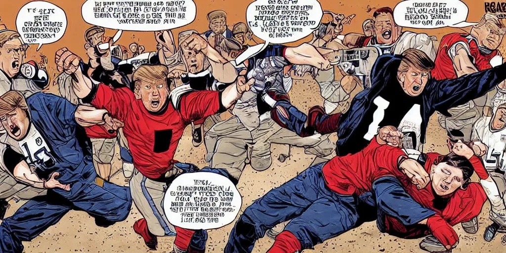 Image similar to Reagan teaching Trump how to block kicks. Epic painting by James Gurney and (Laurie Greasley).