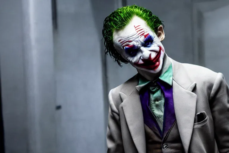 Image similar to Barry Keoghan as the Joker in 'Joker 2' (2024), movie still frame, promotional image, imax 70 mm footage, oscar nominated cinematography, volumetric lighting, 8k resolution