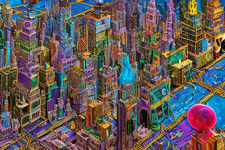 Image similar to hyper detailed nightmare cityscape in 3d collaboration with dan mumford and Louis Wain (1920)