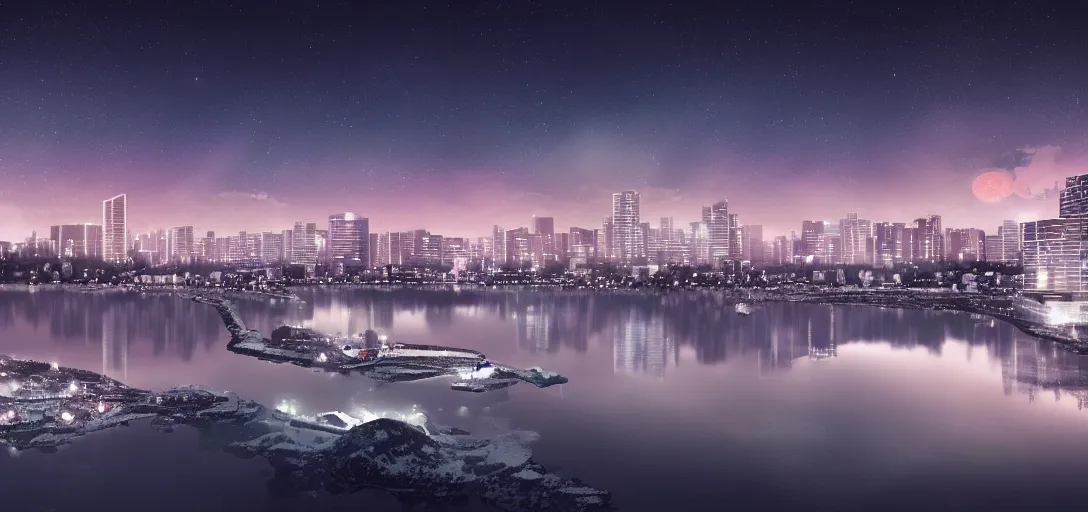 Prompt: very beautiful view of a modern japanese city at night, watery lake with accurate reflections, icy mountains in the background, calm clouds, starry sky with nebula, cinematic lighting, ultra detailed, sharp, ambient occlusion, raytracing, by dylan cole, sebastian meyer and jordan grimmer