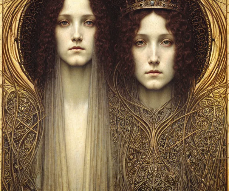 Image similar to detailed realistic beautiful young medieval queen face portrait by jean delville, gustave dore and marco mazzoni, art nouveau, symbolist, visionary, gothic, pre - raphaelite. horizontal symmetry