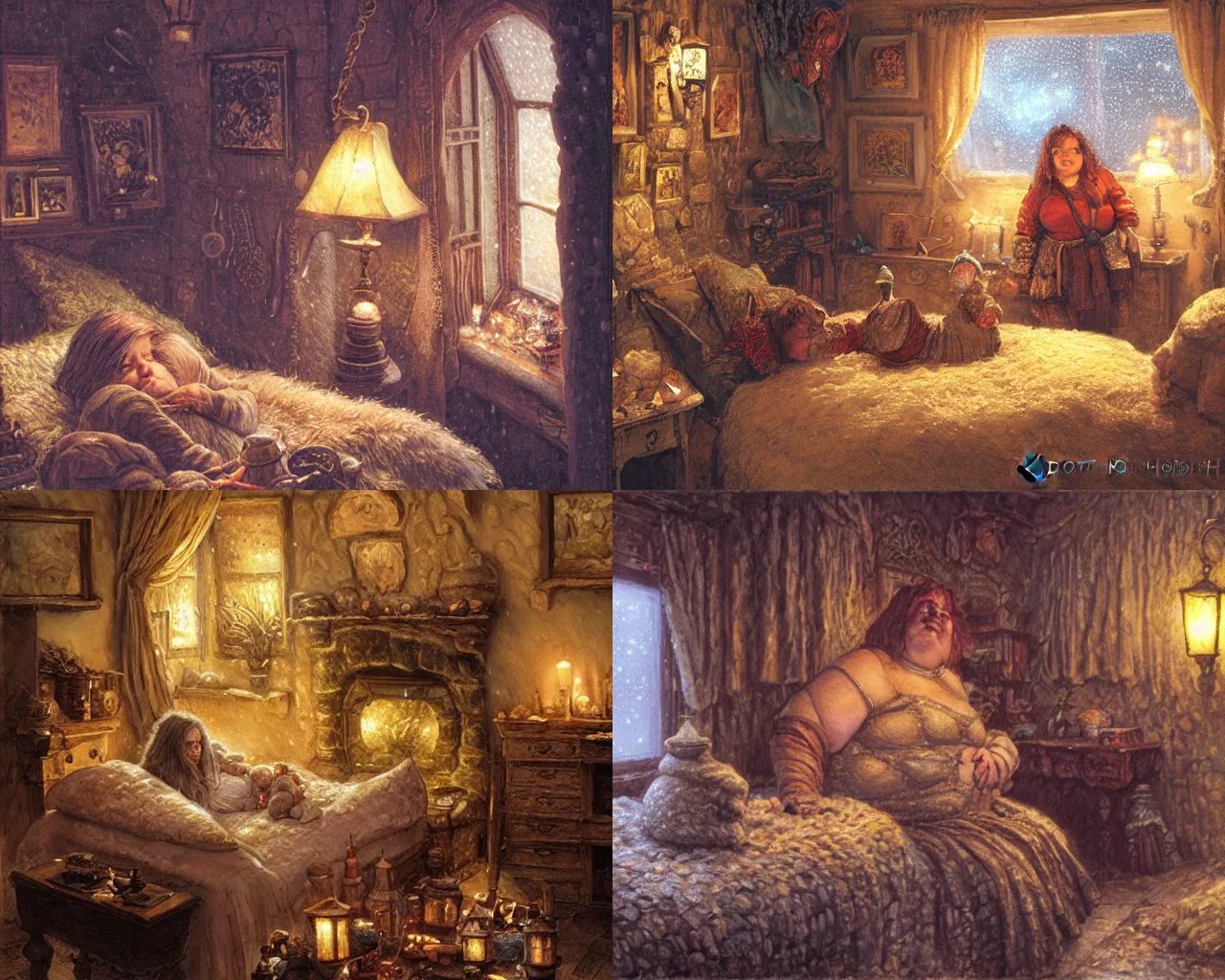 Prompt: beautiful chubby dwarf woman on her cozy lamp lit bedroom at night, snowstorm outside through windows, stone dwarven house, beautiful scene, intricate, detailed, warm light, confortable atmosphere, high quality, by donato giancola and ralph horsley