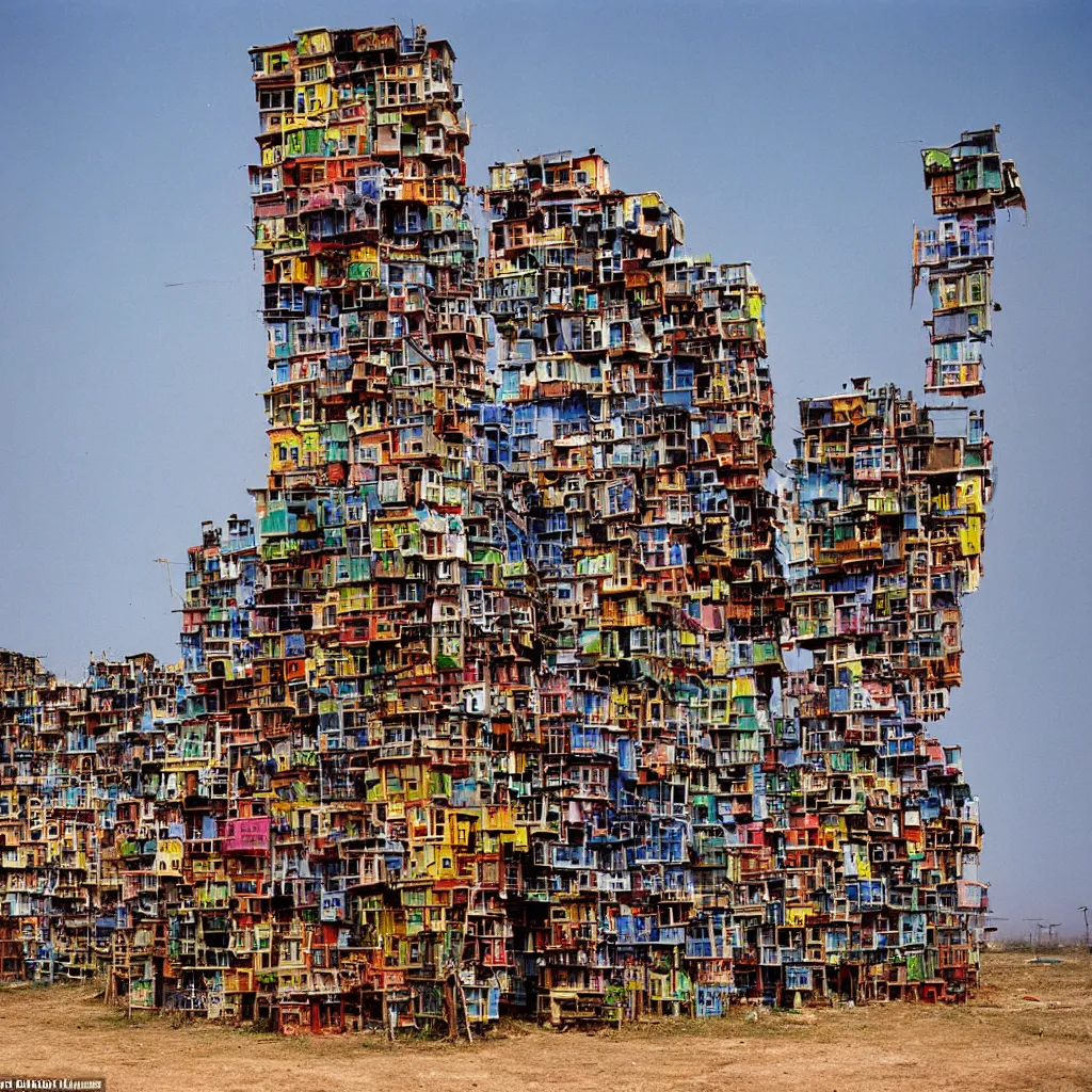 Prompt: high towers made up of makeshift squatter shacks with bright colours, mamiya, 8 5 mm, uniform plain sky, fine details, photographed by bruno barbey