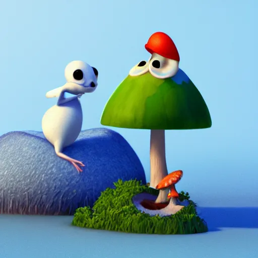 Prompt: cute rate sitting on a mushroom, still from a pixar movie, 3d render, CGsociety, blender, octane render, beautiful lighting