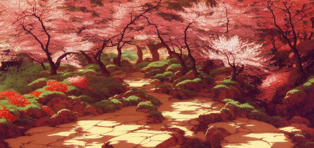 Prompt: ghibli illustrated background of a trail leading through a strikingly beautiful landform with strange rock formations and pools of red water, and cherry blossoms by vasily polenov, eugene von guerard, ivan shishkin, albert edelfelt, john singer sargent, albert bierstadt 4 k