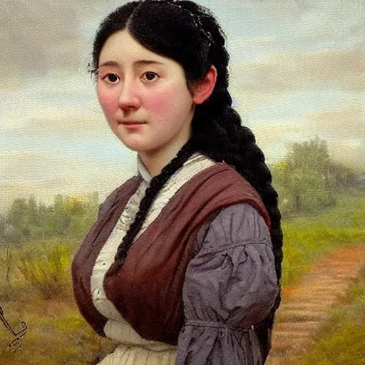 Prompt: a ((sadly)) (((smiling)))) black haired, young hungarian village maid from the 19th century who looks very similar to (((Lee Young Ae))) with a two french braids, detailed, soft focus, realistic oil painting by Paul Brason