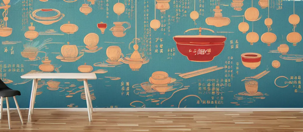 Prompt: a beautiful simple 4 k hd wall paper illustration of interior view of the corner of roasted string hotpot shop, simple style, wall painting, from china, with merchant logo, simple structure, surrealistic, chinese style, victo ngai, james jean, denoise, deblurring