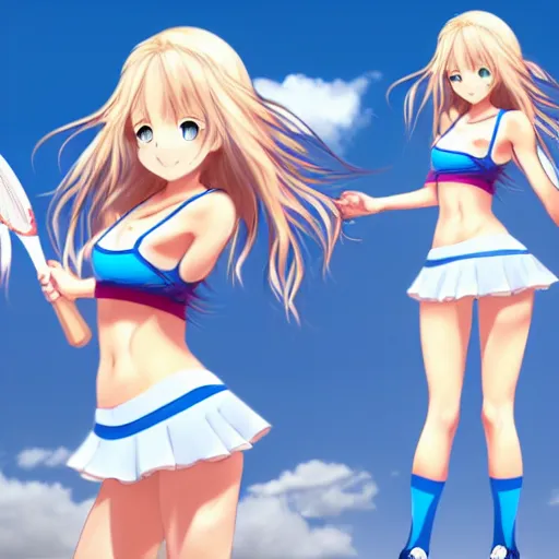 Image similar to a very beautiful young anime tennis girl, full body, long wavy blond hair, sky blue eyes, full round face,, bikini, miniskirt, front view, mid - shot, highly detailed, cinematic wallpaper by stanley artgerm lau
