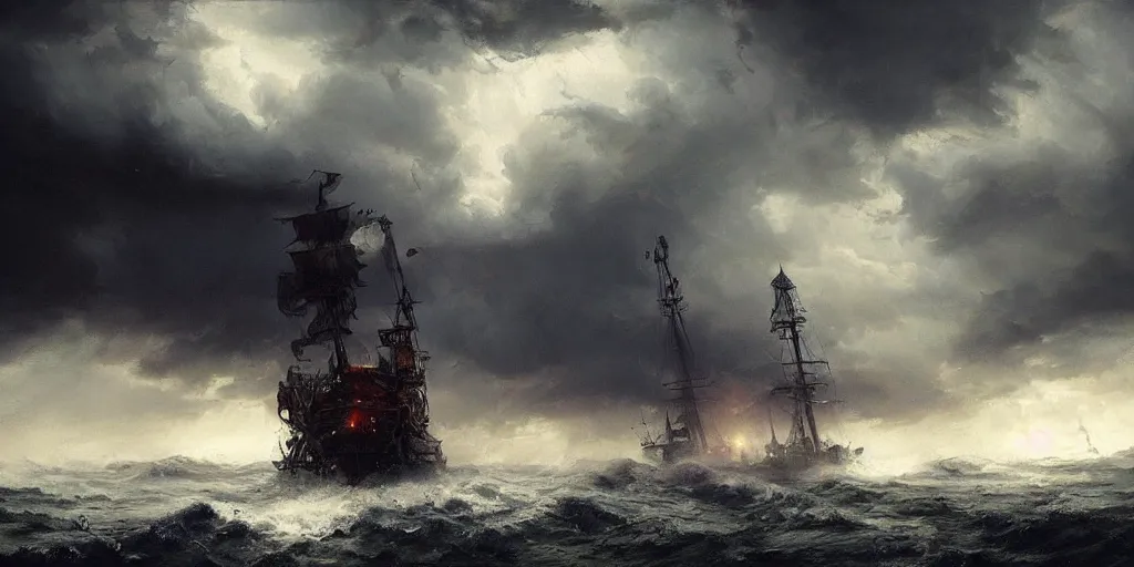 Image similar to A hyper realistic oil painting of a pirate ship in a storm, dark clouds above, fog, lightning lights the sky, by Greg Rutkowski, hyper detailed, trending on artstation