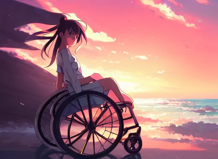 Prompt: side portrait of cute girl, sunset sky in background, beach landscape, illustration concept art anime key visual trending pixiv fanbox by wlop and greg rutkowski and makoto shinkai and studio ghibli and kyoto animation, futuristic aerodynamic wheelchair, symmetrical facial features, future clothing, volumetric lighting, backlit