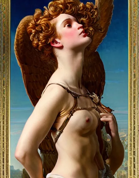 Image similar to a detailed hyperrealistic renaissance angel wearing an intricate leather garters set, honey birdette, realistic renaissance portrait, highly detailed, digital painting, artstation, concept art, smooth, sharp focus, illustration, cinematic lighting, art by artgerm and wlop and alphonse mucha and jacques louis david and john william godward