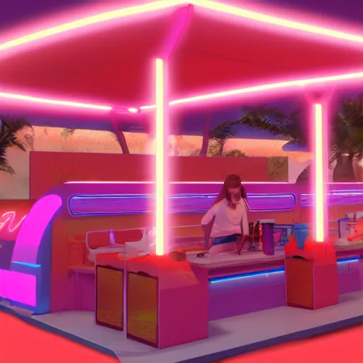 Prompt: neon digital futuristic hotdog stand, artstation, pink, orange