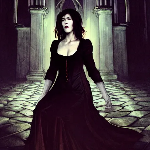 Prompt: mary elizabeth winstead as a vampire in a gothic cathedral at night, gloomy, horror photography by artgerm and alphonse mucha and ross tran and greg rutkowski.