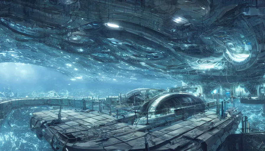 Prompt: underwater crowded cloning facility build under metallic dome, machines, technologies, machines, experience, giant building, hyperdetailed, artstation, cgsociety, 8 k
