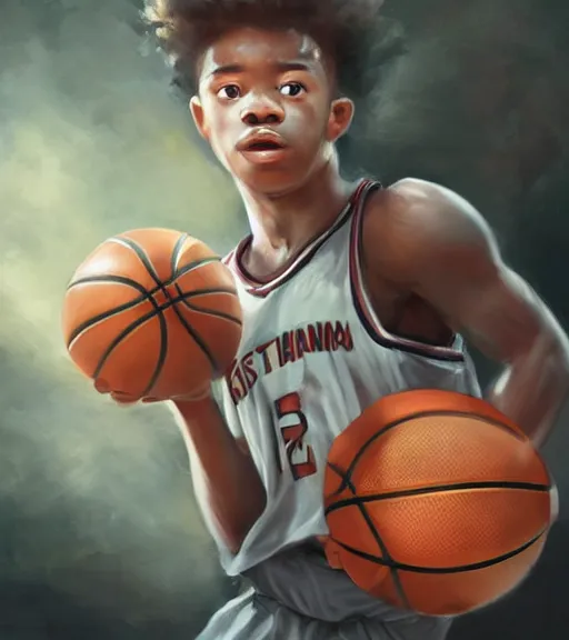 Image similar to portrait of a boy at a basketball court playing basketball wearing a basketball uniform in a basketball court standing near the basketball hoop, poised, intense emotion, detailed facial expression, detailed surroundings, intricate, elegant, highly detailed, centered, digital painting, artstation, concept art, smooth, sharp focus, illustration, by Peter Mohrbacher, WLOP