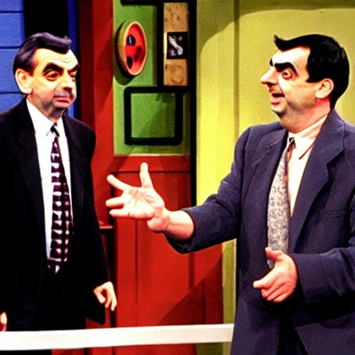 Prompt: mr. bean on the jerry springer show fighting with another guest.