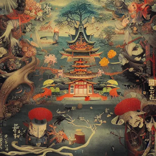 Prompt: Japanese Temple by Hieronymus Bosch and James Jean, Ross Tran, very coherent, hypermaximalist, 8k, surreal oil painting, highly detailed, dream like, masterpiece