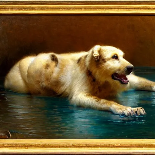 Prompt: a portrait of an animal in the pool, furry body, furry arms, furry legs, furry tail. highly detailed painting by gaston bussiere, craig mullins, j. c. leyendecker, furry