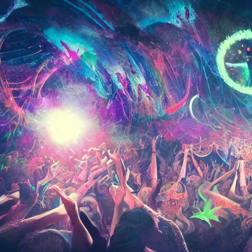 Prompt: hedonic festival of ephemeral eldritch beings, rave, high energy, in motion, cosmic imagery, intense emotion, fantasy concept art