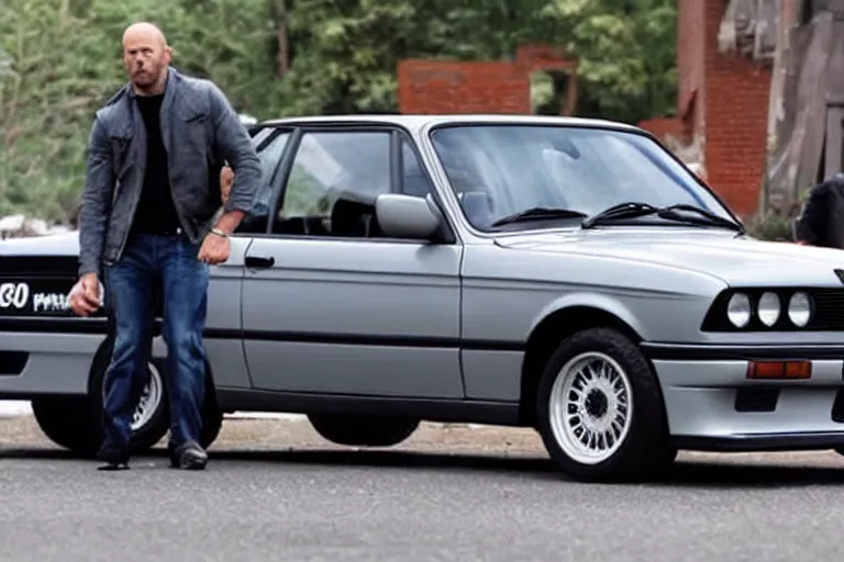 Image similar to Angry Jason Statham picks up BMW e30